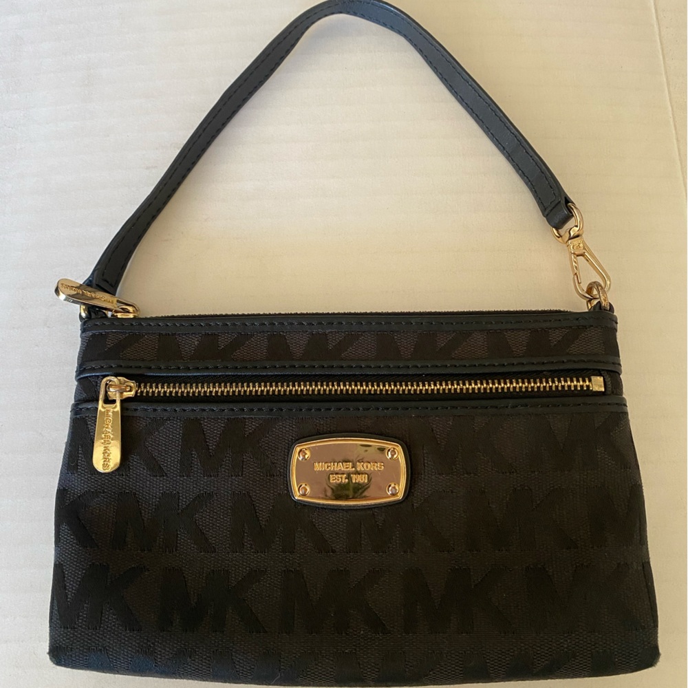 Michael Kors Black Logo Wristlet with Gold Hardware